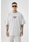 Unisex Butterfly Pamuklu Oversize Gri Tişört