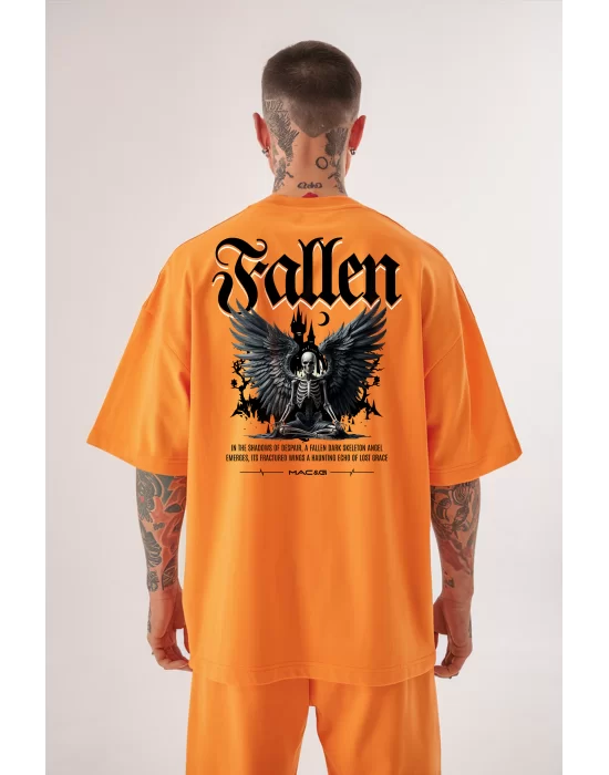 Erkek Fallen Skeleton Wings Pamuklu Oversize Electric Orange Tişört