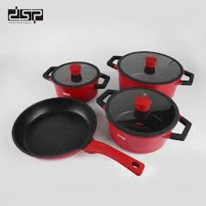 Kırmızı Granit Tencere ve Tava Seti – 7 Parça (Cam Kapaklı)