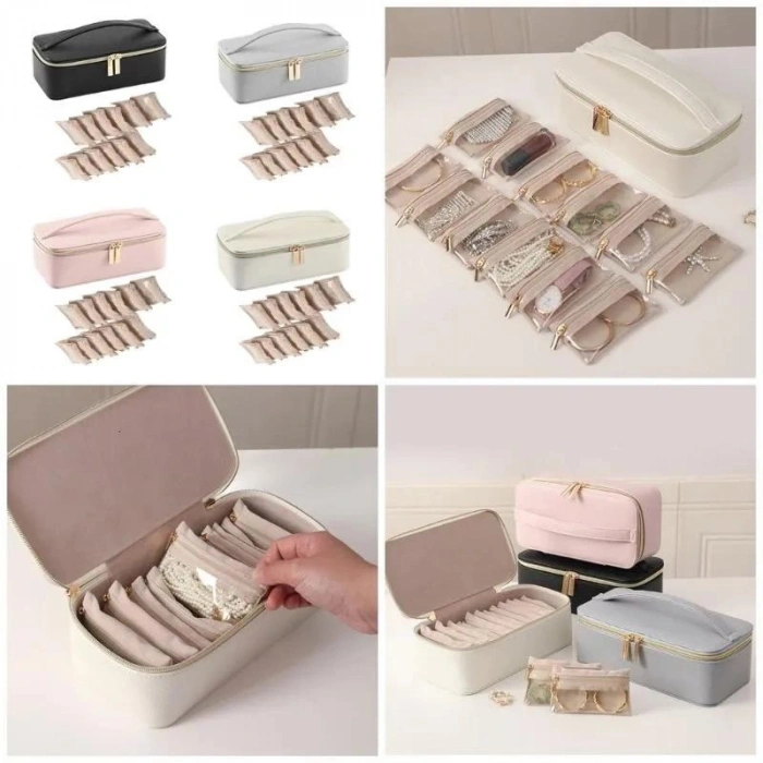 Deri Çok Bölmeli Portatif Takı ve Kozmetik Düzenleyici