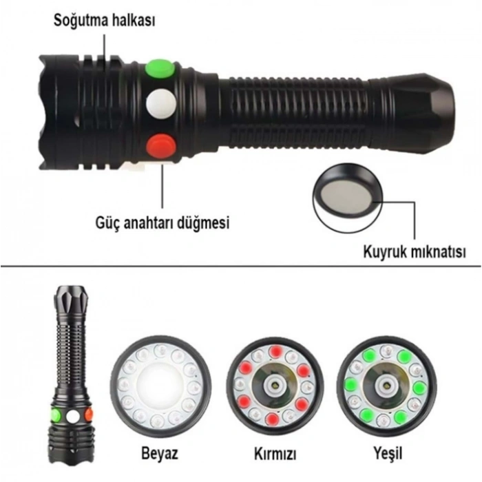 POWERMASTER Şarjlı El Feneri & LED Sinyal Işığı (Yeşil-Beyaz-Kırmızı)