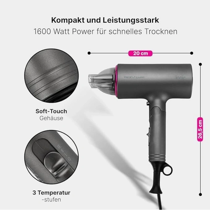 PROFICARE 1600W Saç Kurutma Makinesi – İyon Teknolojili ve Katlanabilir