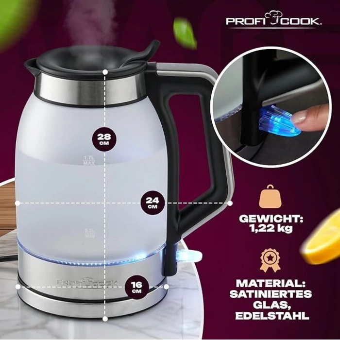 PROFICOOK Cam Işıklı Su Isıtıcı / Kettle (1,7 L, 2200 W)