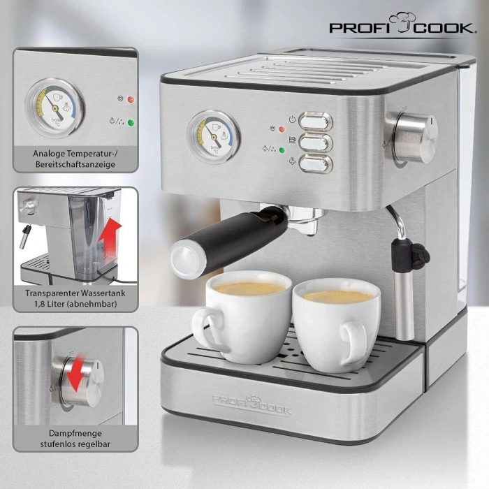 PROFICOOK Espresso Makinesi (850 W, 20 Bar Basınç)