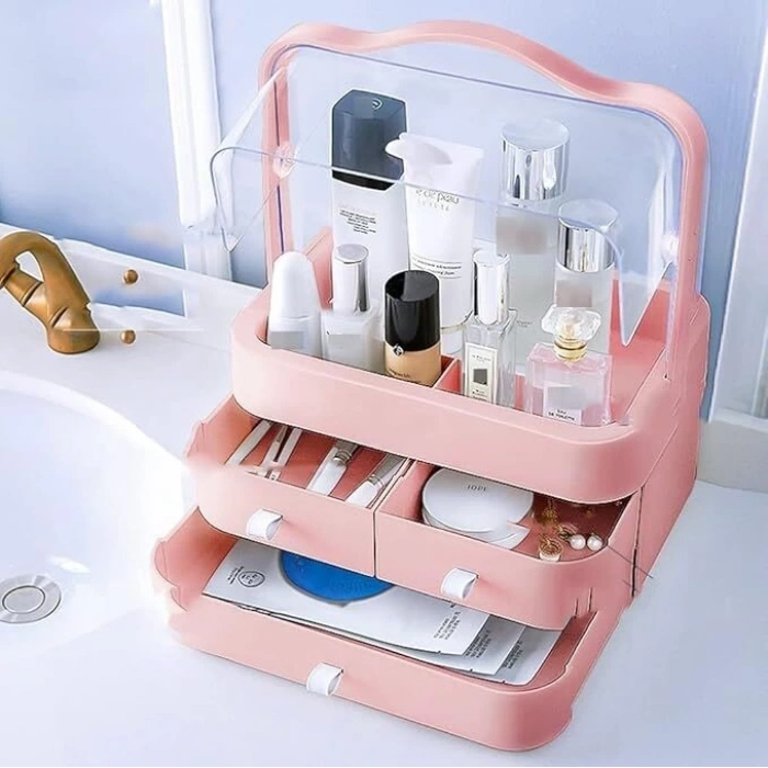 Şeffaf Kapaklı ve Çekmeceli Kozmetik Düzenleyici, Makyaj Fırça ve Takı Saklama Kutusu, Geniş Kapasiteli
