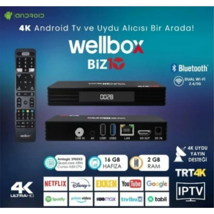 WELLBOX BiZ10 4K Android TV Box Uydu Alıcısı