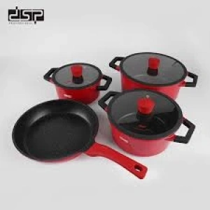 Kırmızı Granit Tencere ve Tava Seti – 7 Parça (Cam Kapaklı)