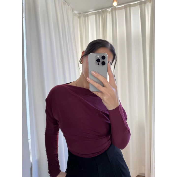 Kadın Bordo Drape Detaylı Düşük Omuz Bluz