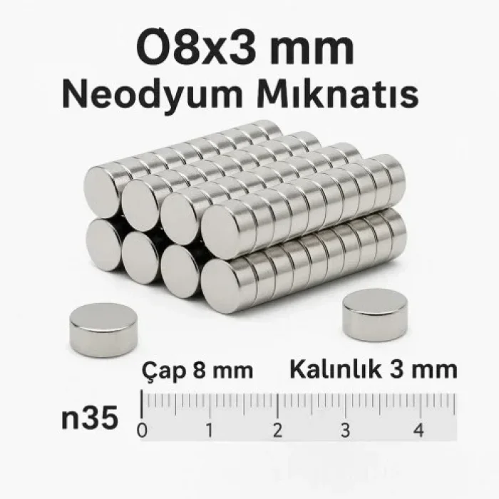 10 Adet 8x3mm Yuvarlak Neodyum Mıknatıs Güçlü Nikel Kaplamalı Kaliteli Dayanıklı Magnet