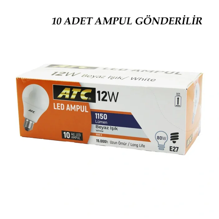 10 ADET ATC 12W=80W E27 BEYAZ=6500K LED AMPUL LAMBA 1150 LÜMEN 15.000 SAAT ÖMÜR (5047)