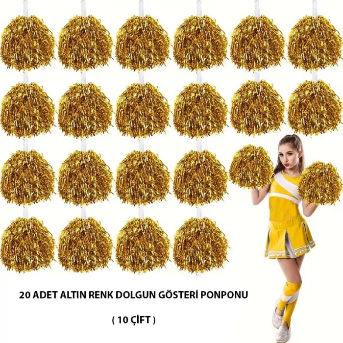 10 Çift ( 20 Adet ) Altın Renk 23 Nisan 19 Mayıs 29 Ekim Okul Gösteri Ponponları (5047)