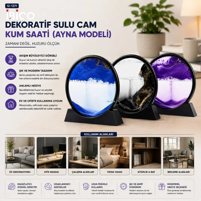 10 INC - 25CM RENKLİ SULU CAM KUM SAATİ HAREKETLİ AYNA MODELİ (5047)