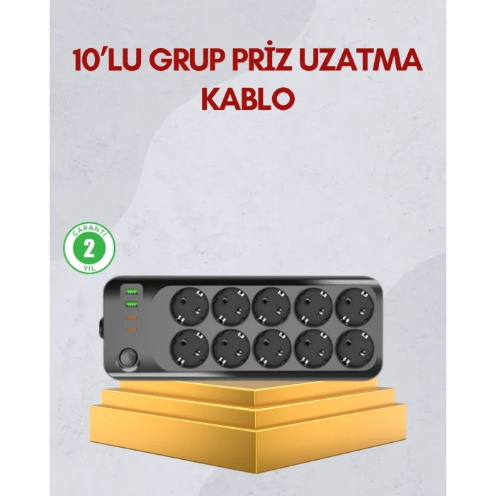 10 Prizli Uzatma Kablosu Termal Koruma USB Type-C Hızlı Şarj 2500W