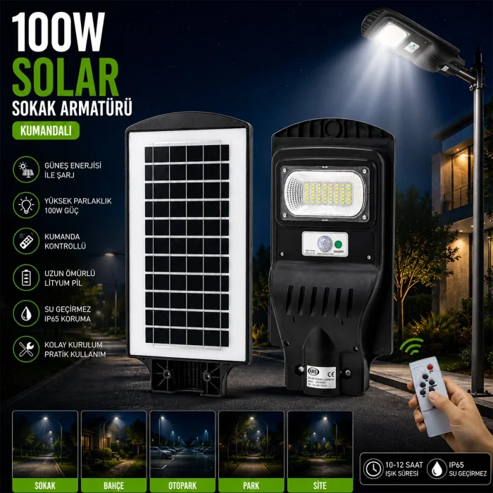 100W - 6500K SOLAR - GÜNEŞ ENERJİLİ SOKAK LAMBASI - ARMATÜR SENSÖRLÜ BAHÇE-BALKON-SOKAK ARS-348964 (5047)
