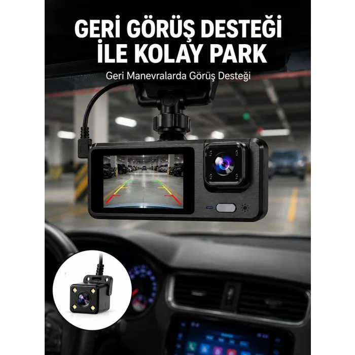 1080P 3 Kameralı Araç DVR – Döngü Kayıt ve Geri Görüş Özellikli Yeni Nesil
