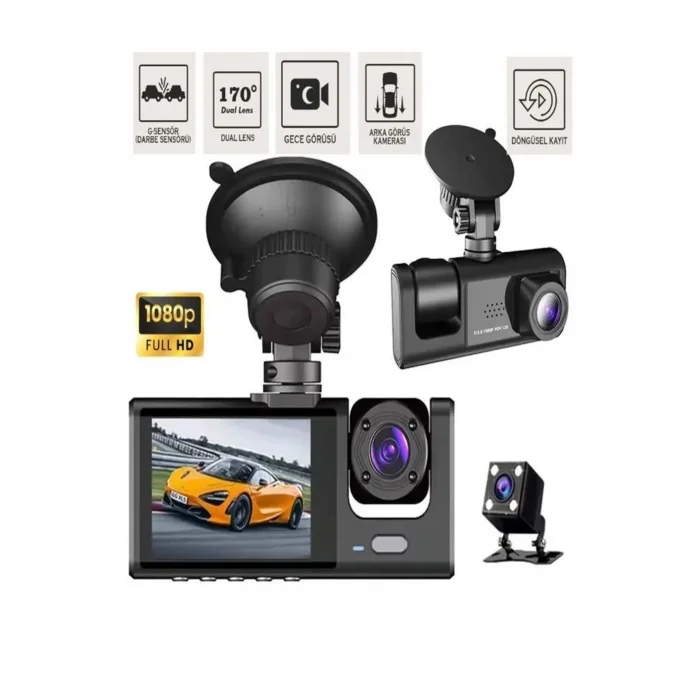 1080p 3 Kameralı Araç İçi Kamera Ips Ekranlı Ultra Geniş Açılı Gece Görüşlü G Sensörlü
