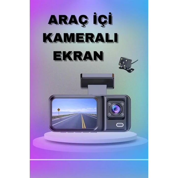 1080P 3 Lensli WİFİ Araç İçi Kameralı Ekran DVR Kaydedici Gece Görüşlü