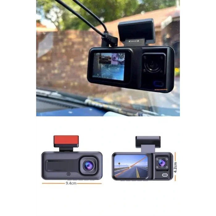 1080P 3 Lensli WİFİ Araç İçi Kameralı Ekran DVR Kaydedici Gece Görüşlü