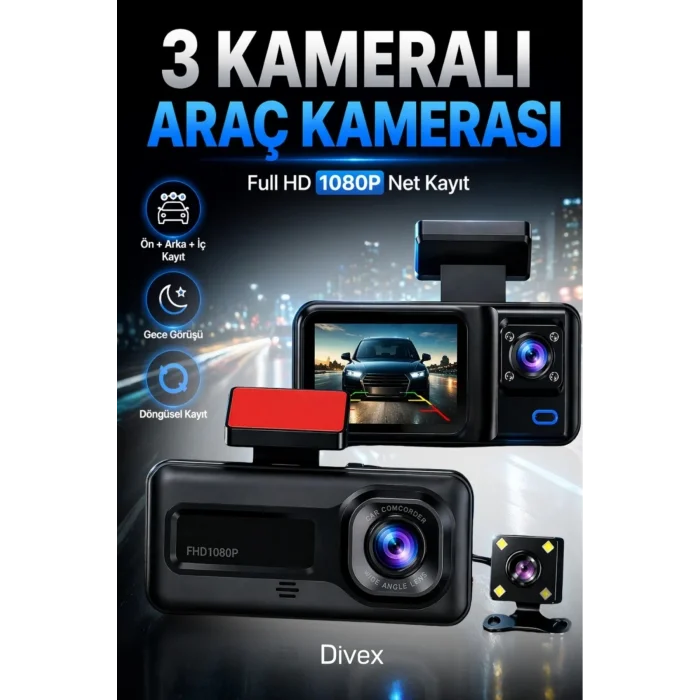 1080p Hd 3 Kameralı Araç Kamerası Ön Arka İç Kayıt Ve Park Destekli Gece Görüşlü