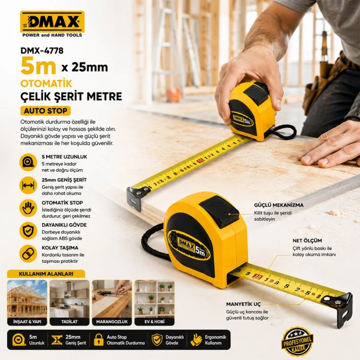 12 ADET 5MT X 25MM OTOMATİK ÇELİK ŞERİT METRE STOPLU (5047)