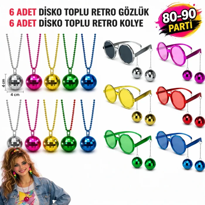 12 Parça 80-90 Retro Parti Seti Disco Toplu Gözlük ve Kolye