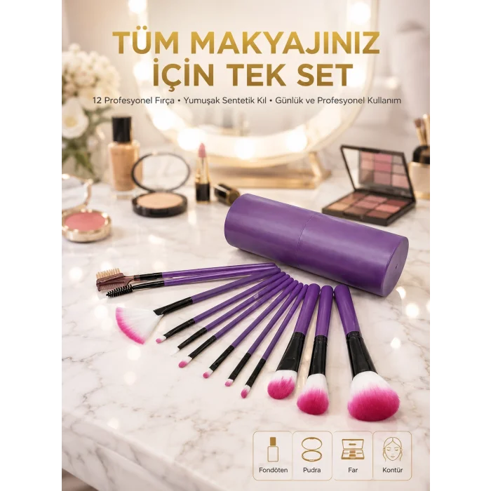 12 Parça Makyaj Fırçası Yumuşak Kıllı Profesyonel Fırça Seti Yüksek Kaliteli Pürüzsüz