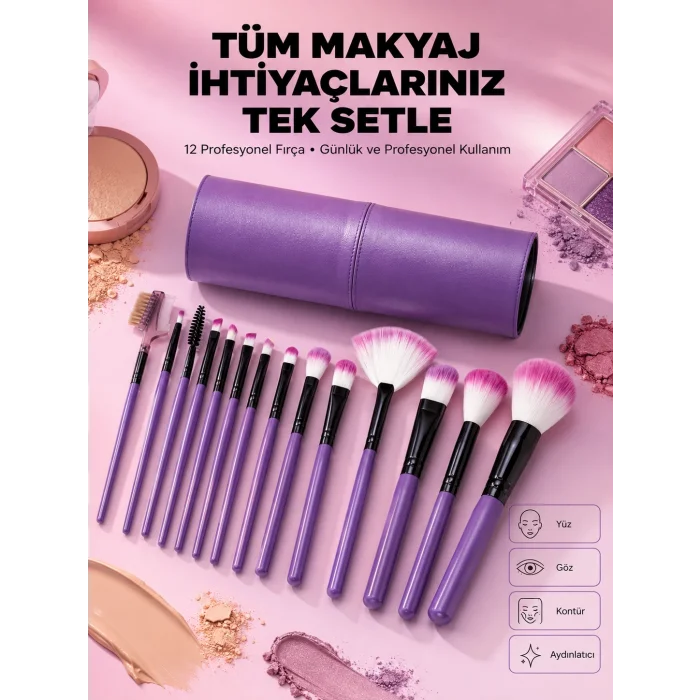 12 Parça Yumuşak Kıllı Makyaj Fırçası Seti Yüz ve Göz Makyajına Uygun Profesyonel Kullanım