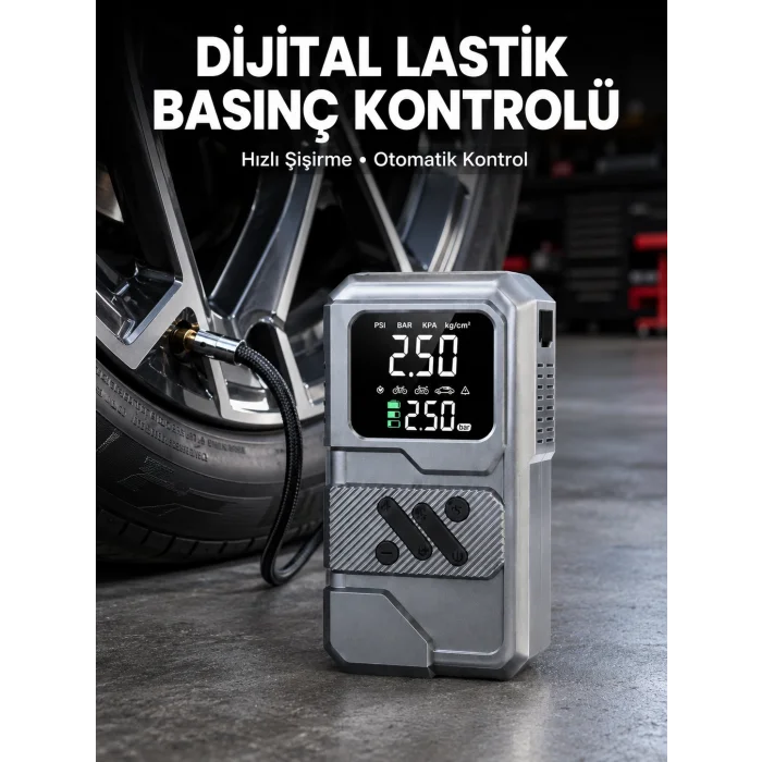 12.000 mAh Akü Takviye Destekli LED Işıklı Araç Kompresörü