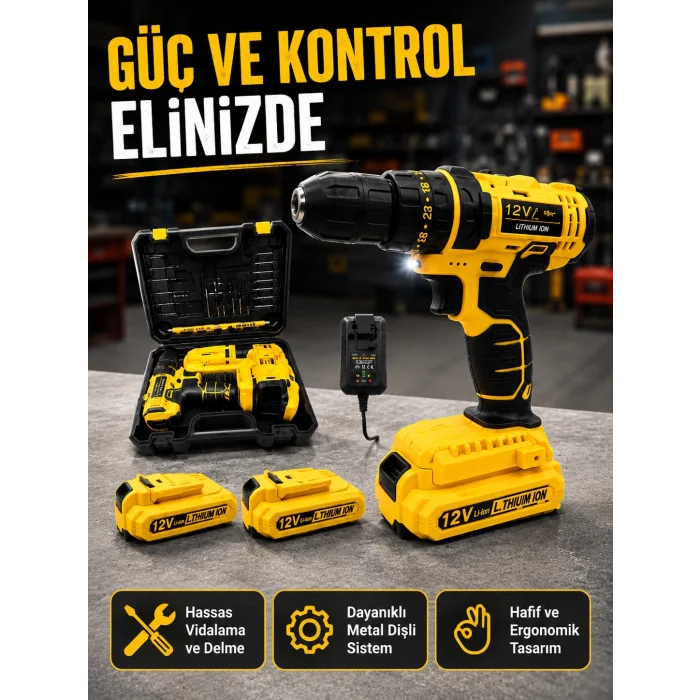 12V Akülü Matkap | 20-30 Nm Tork, Çift Hız Ayarı ve LED Işık