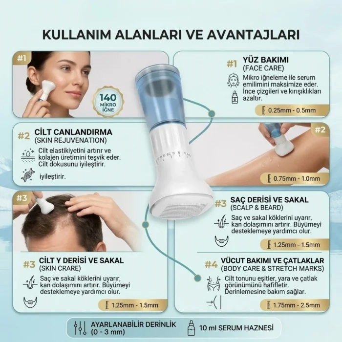 140 İğneli Serum Hazneli Dermaroller – 0-3 mm Ayarlı Dermaroller Mikro İğneli Saç, Cilt ve Vücut Bakım Aparatı (5047)