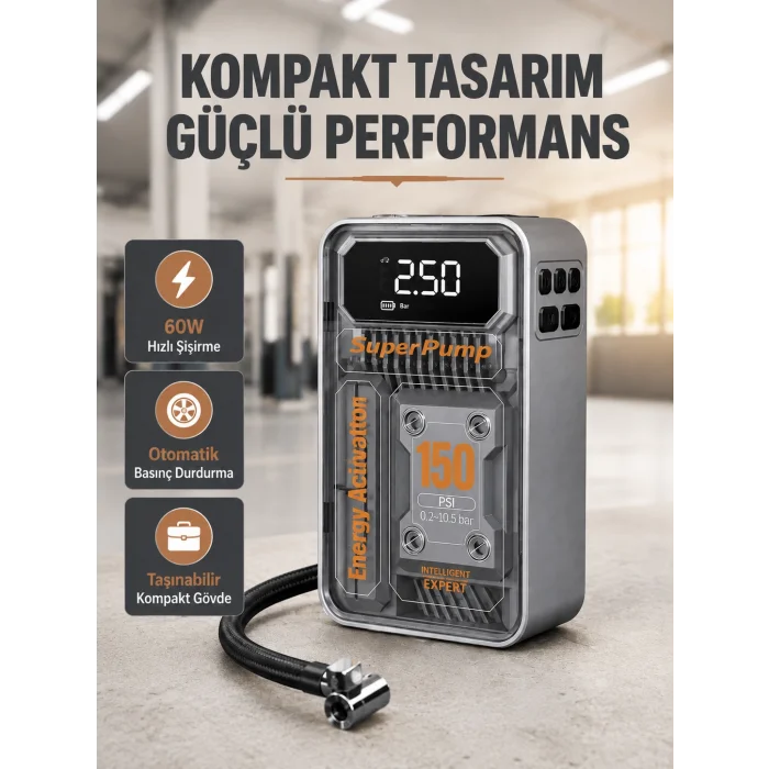 150 PSI Kablosuz Şarjlı Hava Pompası – LED Ekranlı ve Otomatik Kapanma Özellikli
