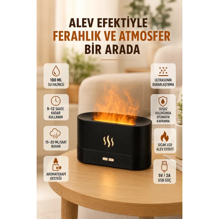180 ML Alev Efektli Aroma Difüzörü Ultrasonik Buharlı Aromaterapi Cihazı