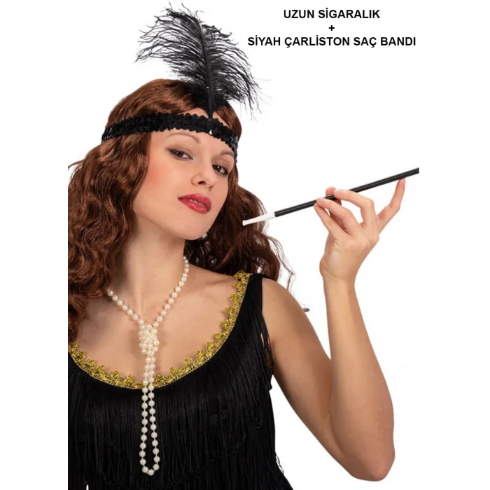 1920'ler Gatsby Aksesuar Seti – Siyah Charleston Saç Bandı &amp; Sigaralık (5047)