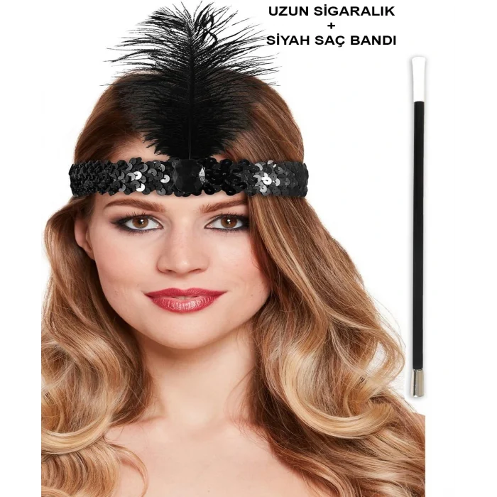 1920'ler Gatsby Aksesuar Seti – Siyah Charleston Saç Bandı &amp; Sigaralık (5047)