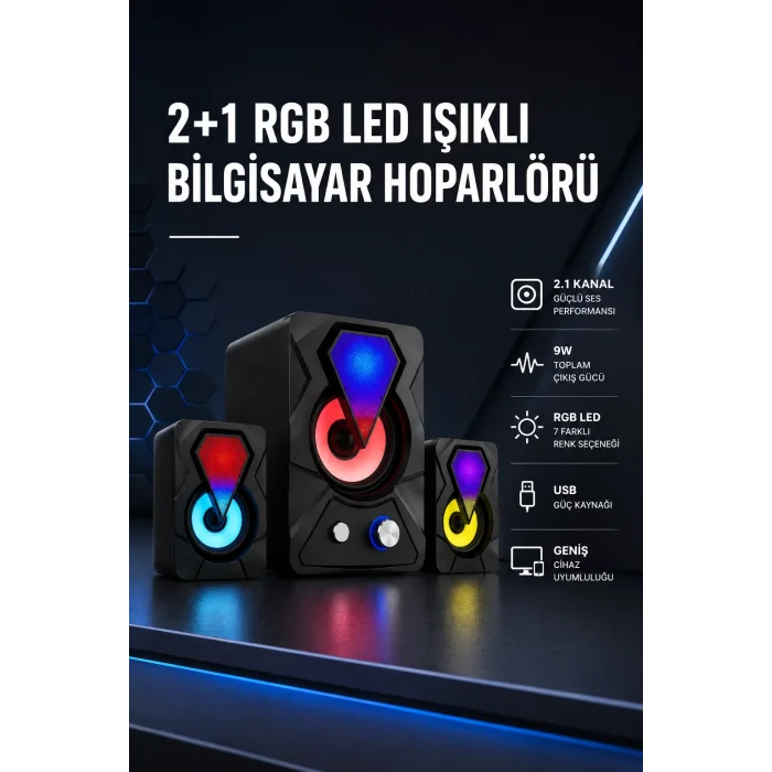 2+1 RGB LED Işıklı Güçlü Bas Sistemli Bilgisayar Hoparlörü
