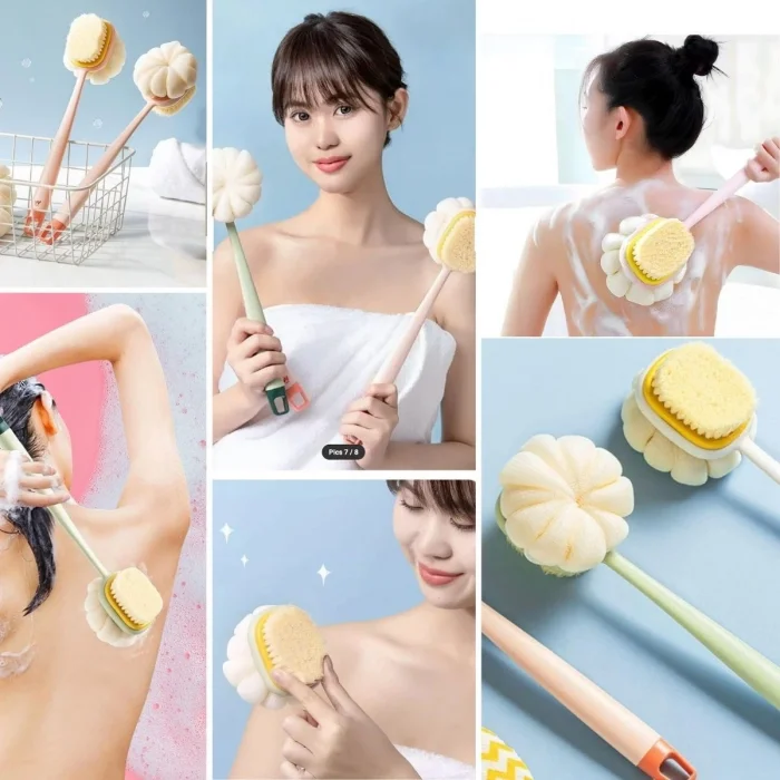 2'si 1 Arada Çift Taraflı Uzun Saplı Fırçalı Banyo Vücut Sırt Fırçası Banyo Lifi (5047)