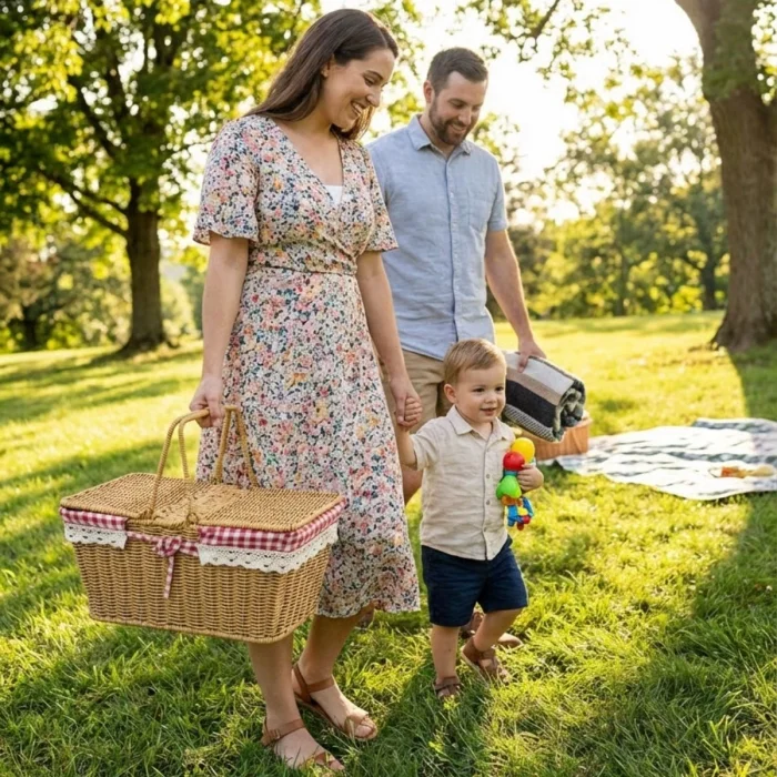 2 Kapaklı Dikdörtgen Plastik Rattan Piknik Sepeti – Doğal Hasır Görünümlü Çok Amaçlı Piknik, Plaj ve Bahçe Sepeti (5047)