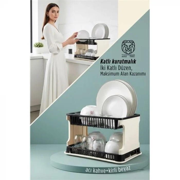 2 Katlı Rattan Dokulu Lüks Bulaşıklık - Kirli Beyaz & Acı Kahve Modern Düzenleyici