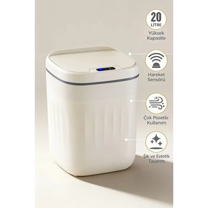 20 Litre Hareket Sensörlü Akıllı Çöp Kovası Beyaz