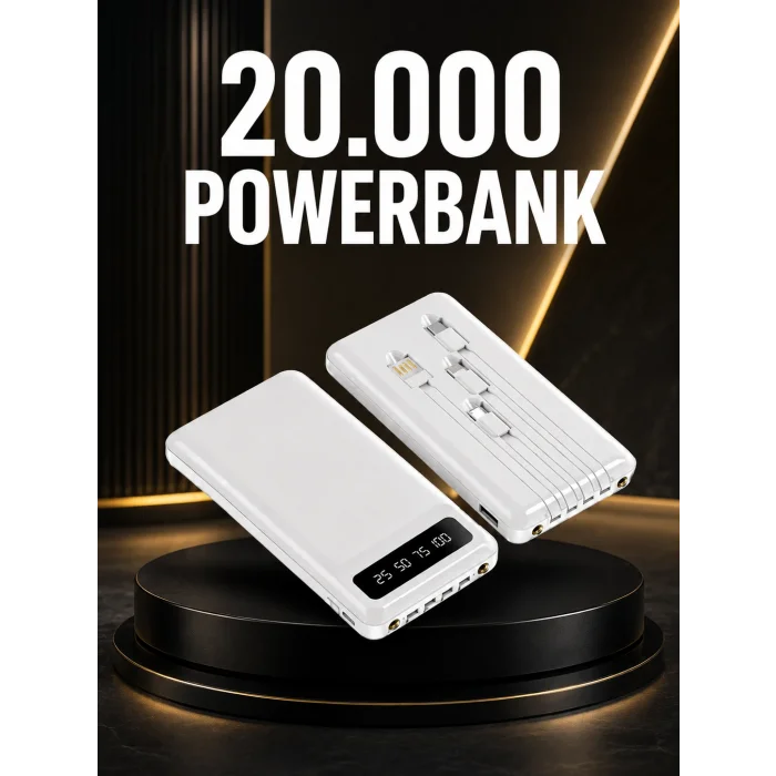20.000mAh PD Powerbank LED Işık LCD Ekran Dahili Kablo Çoklu Giriş Yeni Nesil