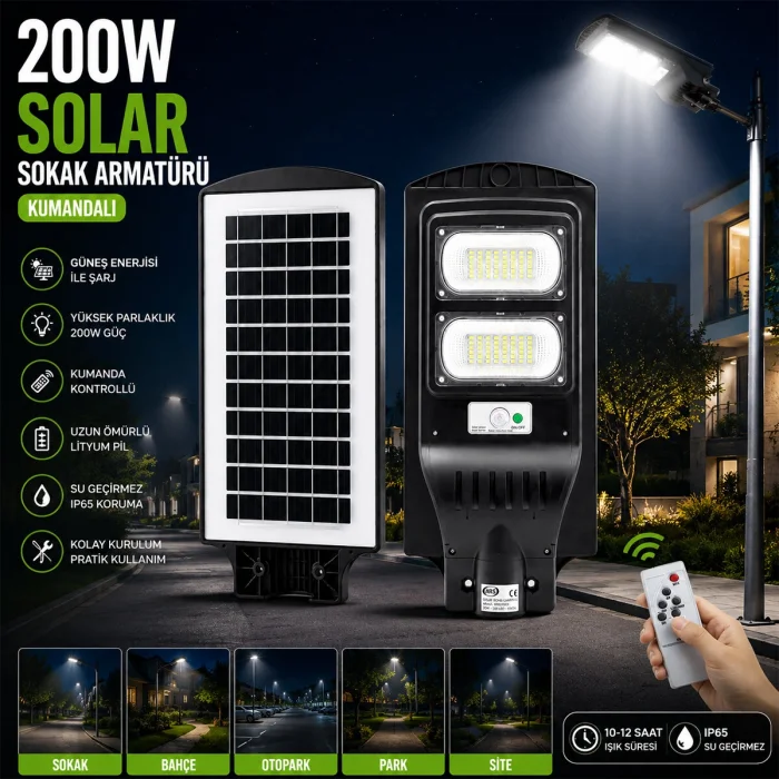200W - 6500K SOLAR - GÜNEŞ ENERJİLİ SOKAK LAMBASI - ARMATÜR SENSÖRLÜ BAHÇE-BALKON-SOKAK ARS-348965 (5047)