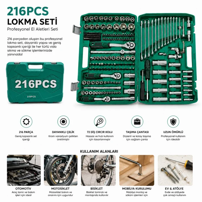 216PCS LOKMA SETİ LOKMA - SOKET - BİTS ADAPTÖR - 3AD.CIRCIR KOLU PLASTİK ÇANTALI (5047)