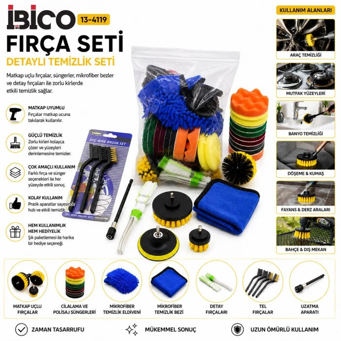21PCS HIRDAVAT - BAKIM SETİ POLİSAJ SÜNGER-MAKTAP FIRÇA-TEL FIRÇA-OTO ELDİVEN-BEZ-DETAY FIRÇA-APARAT (5047)