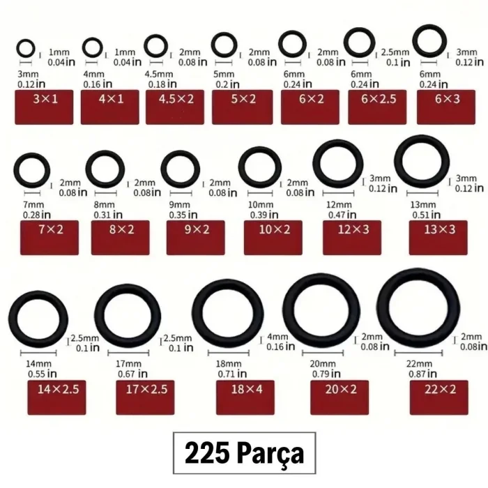 225 Parça Kauçuk Conta Seti ,kendiliğinden Saklama Kutulu O Halkası Seti
