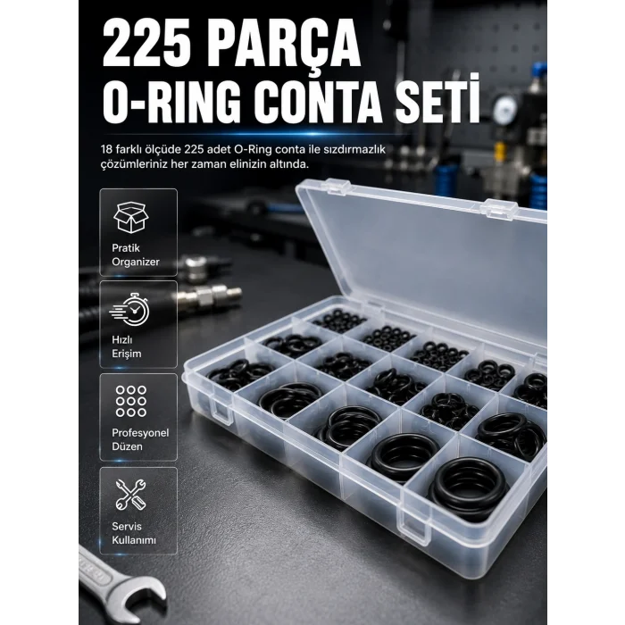225 Parça O-Ring Conta Seti 18 Farklı Ölçü Kauçuk Sızdırmazlık Conta Organizer Kutulu