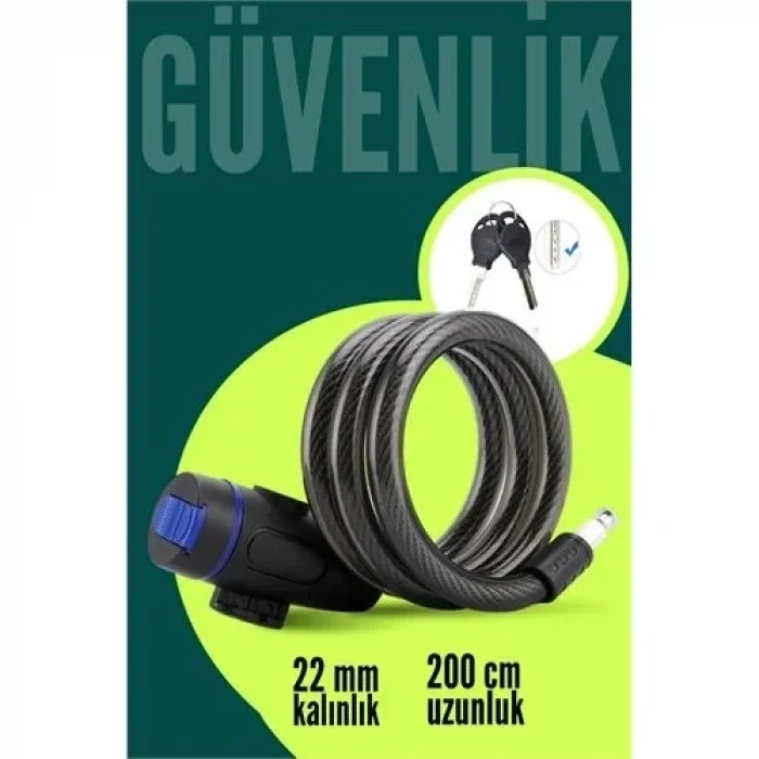22mm Çelik Halatlı Bisiklet Kilidi - 200cm Anahtarlı Scoooter Motosiklet Kilidi 722487