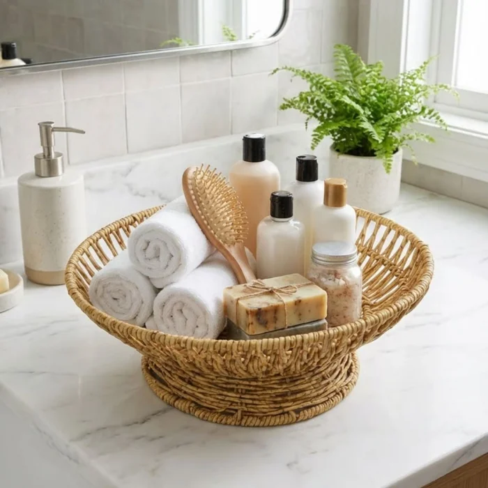 28 cm Plastik Rattan Servis Çanağı – Doğal Hasır Görünümlü Dekoratif Meyve, Ekmek ve Sunum Kasesi (5047)