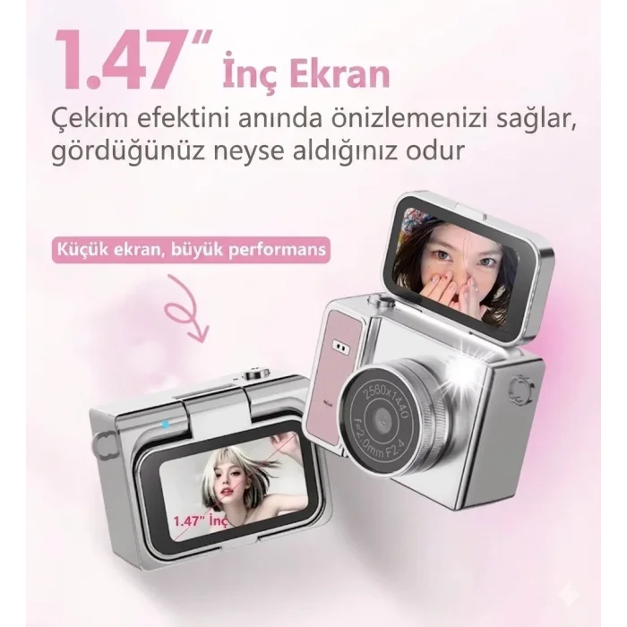 2k Mini Dijital Retro Video Kamera Flaşlı Dijital Vlog Mini Fotoğraf Makinesi Türkçe Menü Pembe