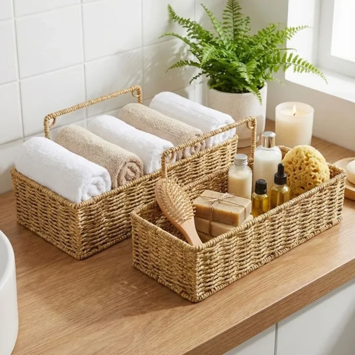 2’li Duvar Askılı Plastik Rattan Organizer – Dikdörtgen Hasır Görünümlü Mutfak Raf Sepeti, Banyo ve Ev İçi Düzenleme Ünitesi