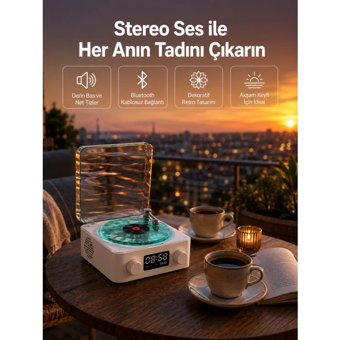 3-1 Kablosuz Bluetooth Hoparlör – Gece Lambalı, Saatli, Retro Tasarım